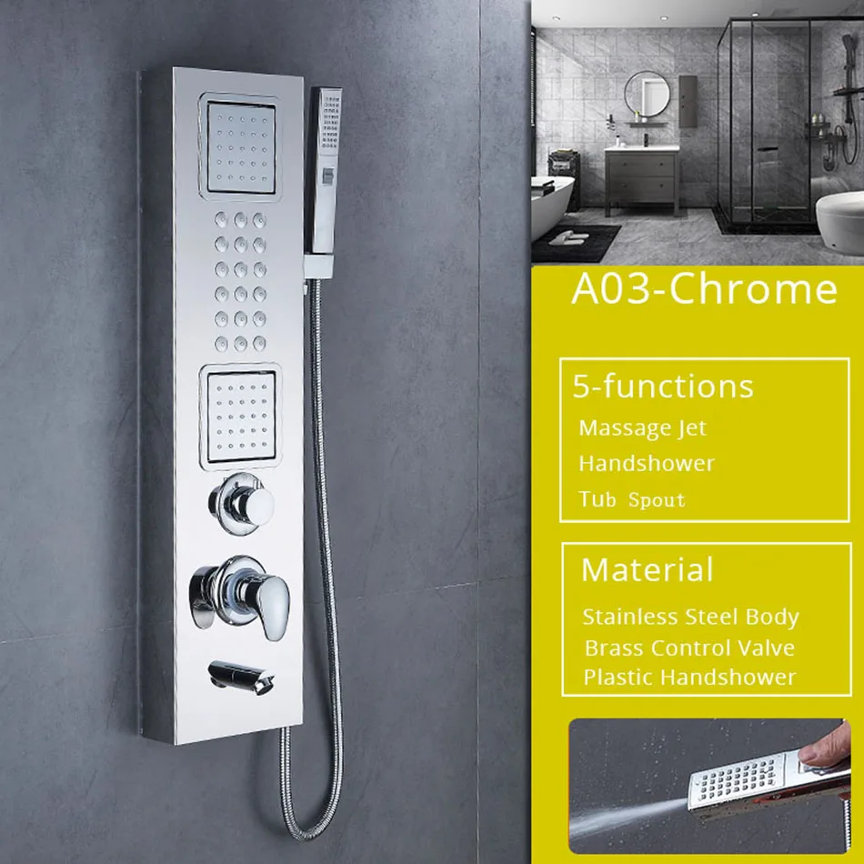 Chrome A03 Черная душевая колонна в стене для ванны, смесители для душа с массажем тела, струйная душевая панель для ванной, золотой душевой кран, набор ручного душа - Цвет: Chrome A03