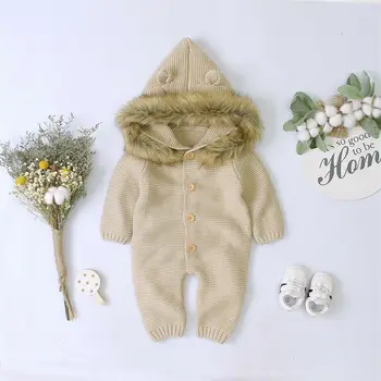 

0-24M Baby Girl Boy Winter Rompers Clothes Knitted Long Sleeve Single Breasted Hoodie Romper Jumpsuit Outfits