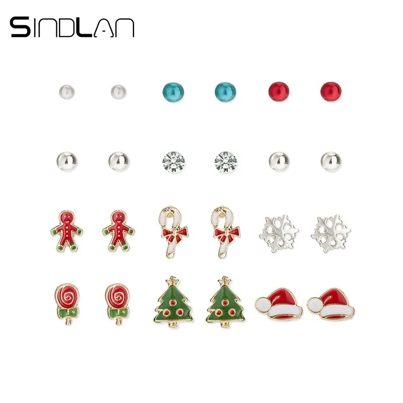 

Sindlan 12 Pairs Christmas Tree Gift Snowflake Stud Earrings for Women Candy Color Crystal Small Earring Girls Christmas Jewelry
