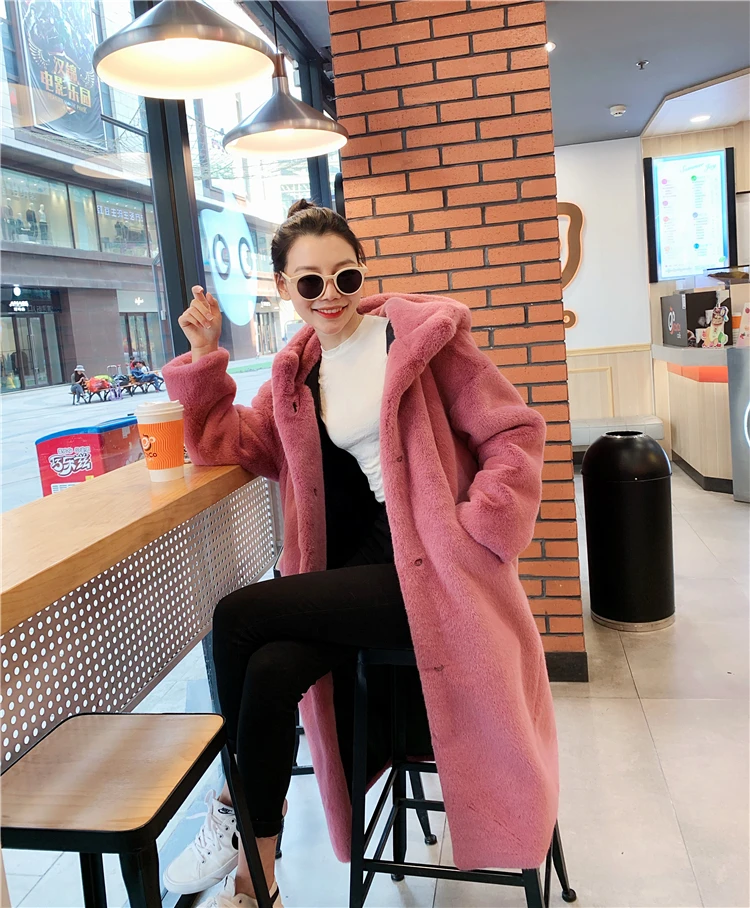 Peach pink Новинка, зимнее толстое Норковое меховое женское теплое плюшевое пальто, женская длинная парка с капюшоном, Женское пальто,, имитация бархата, меховое пальто, XS-XL - Цвет: Peach pink
