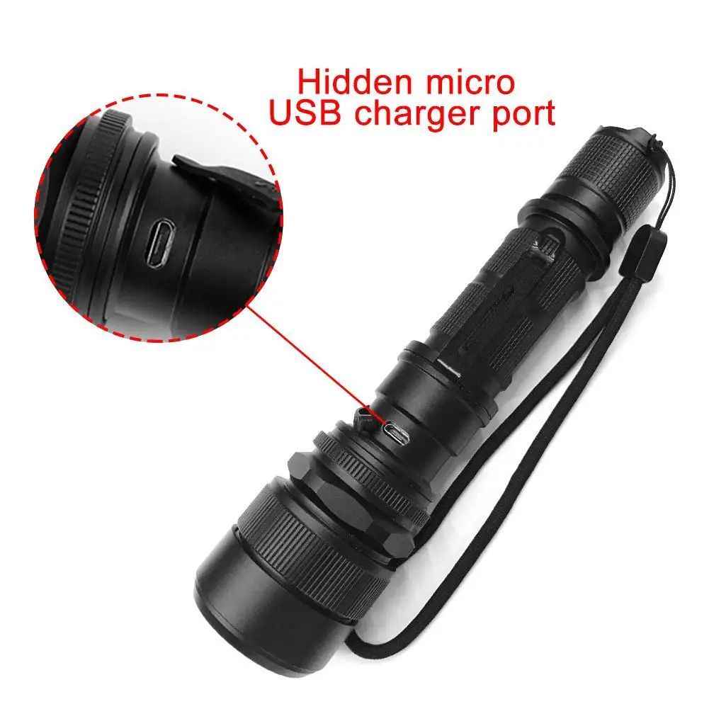 Zoomable Flashlight 10000LM 5 Modes 18650 Battery Tactical USB Recharge T6 Torch USB Recharge Flashlight Outdoor Light
