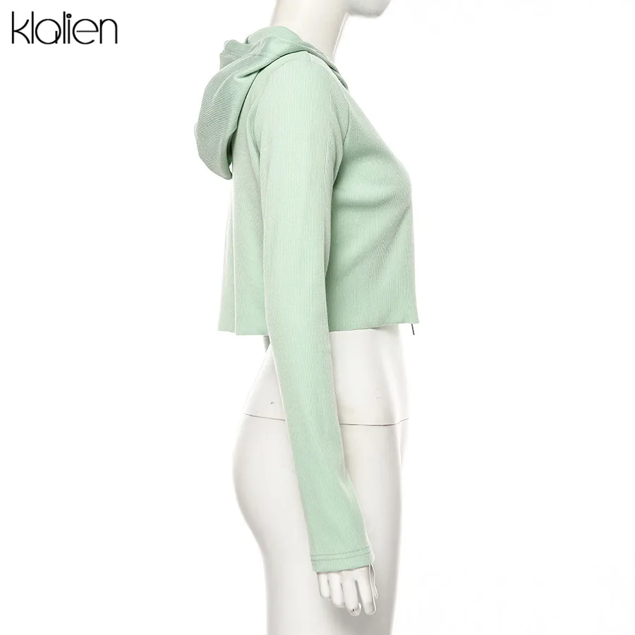KLALIEN autumn hot Zipper V-Neck knitting Hooded Long Sleeve Women Casual Thin coat Knitted stretch Slim Female tops
