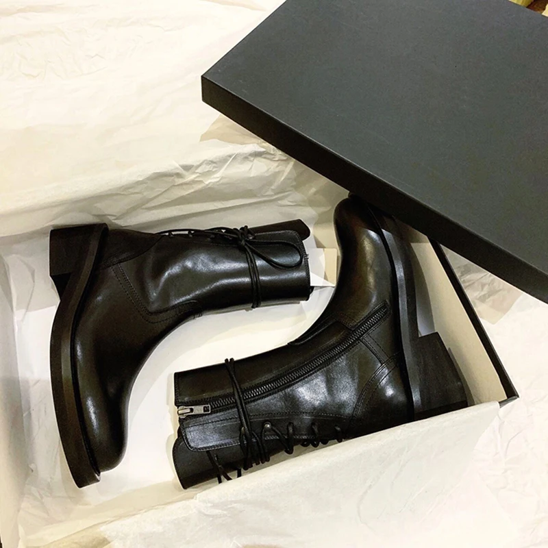 Thick Heels Martin Boots Woman Back Lace-up Motorcycle Botines Round Toe Black Knight Botas Mid-calf Solid Leather Ladies Shoes