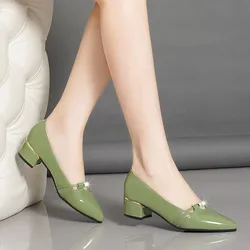 Lady Fashion Sweet Green High Quality Pu Leather Slip on Heel Shoes for Office Party Night Club Women Shoes