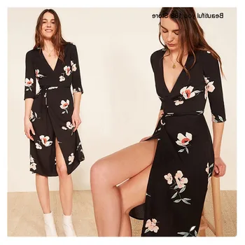

of spring version the same style wrap dress V-neck printed slim black floral dress slim socialite Medium-length dress