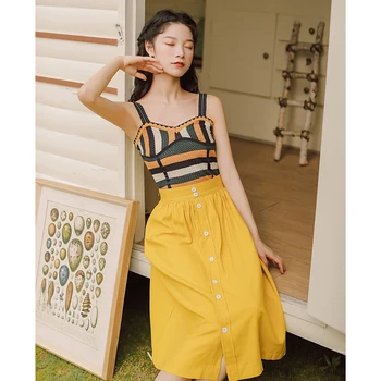 

COIGARSAM Vintage Knitting Women Skirt Spaghetti Strap Panelled Skirts Yellow Suit V8686216