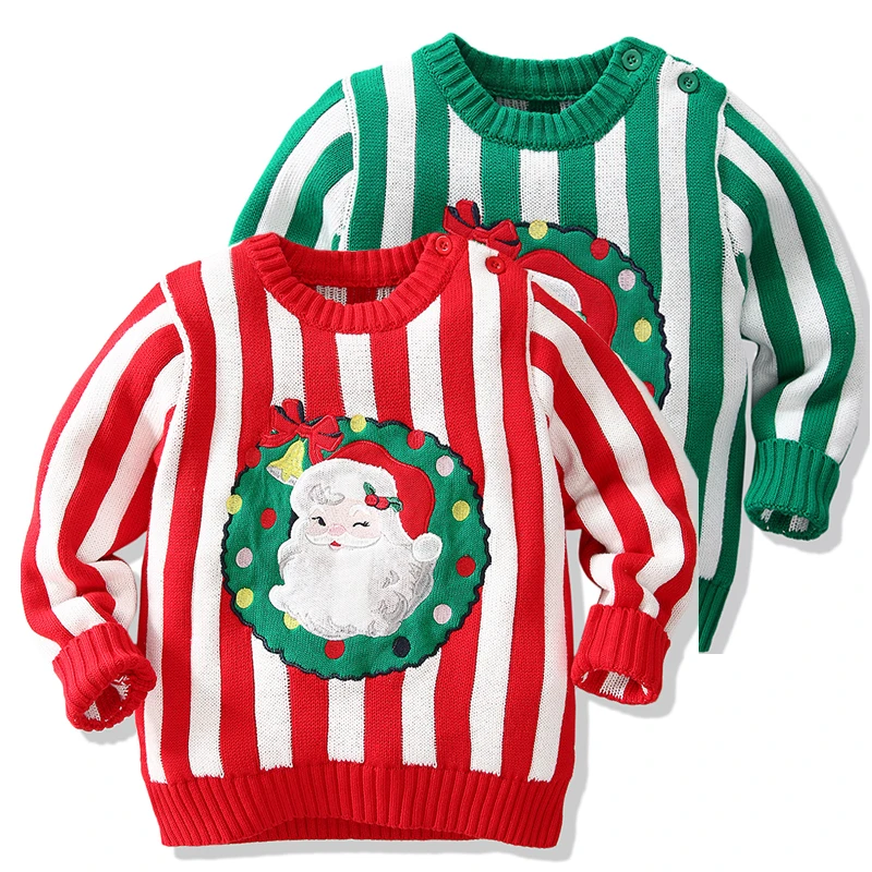 Christmas Baby Girl Handwork Sweater Autumn Winter Kids Stripe Clothes Boys Cartoon Santa Claus Embroidery Knitted Sweaters