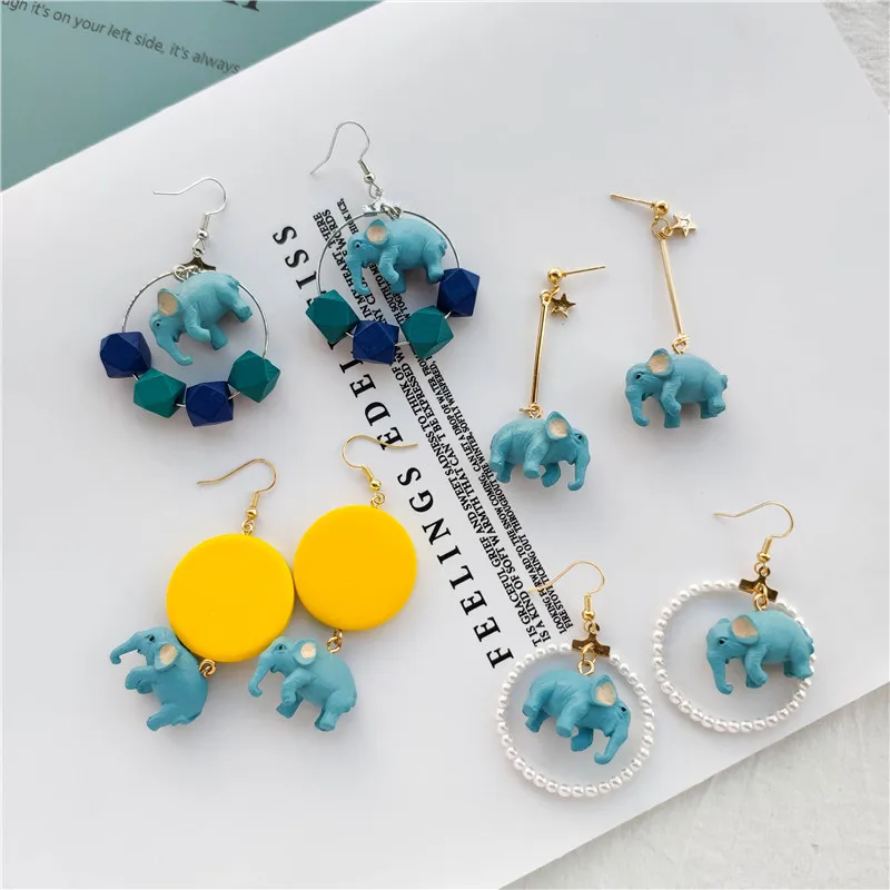 Blue Elephant Wood Drop Earrings for Women Boho Round Beads Animal Pendant Female Jewelry pendientes | Украшения и аксессуары