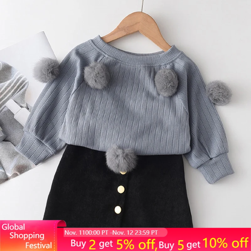 

2020 New Autumn Fashion Girls Clothing Sets Girl Kids Fluffy Balls Sweater and Skirts Outfit Long Sleeve Girl Suit Clothes 3 7Y