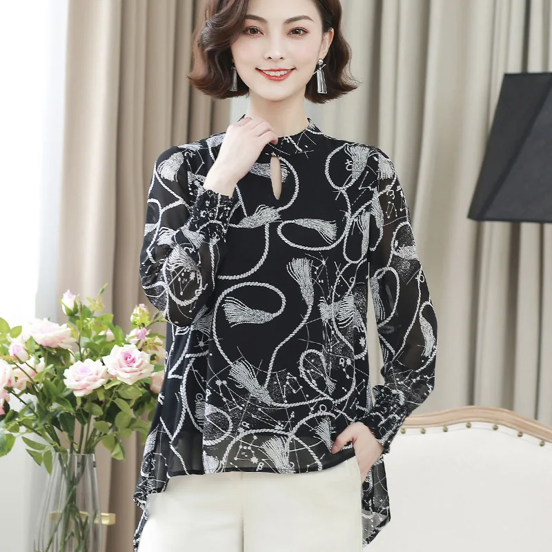 

Hot Selling Floral-Print Chiffon Shirt Women's Autumn Fashion Elegant Cover Belly Loose-Fit Versatile Very Fairy of Tops Western