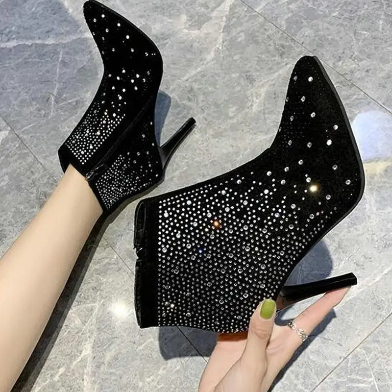 

new sexy hunter boots for women flock pointed toe Rhinestone bling shoes zipper thin heels ankle boots for women Drop Ship