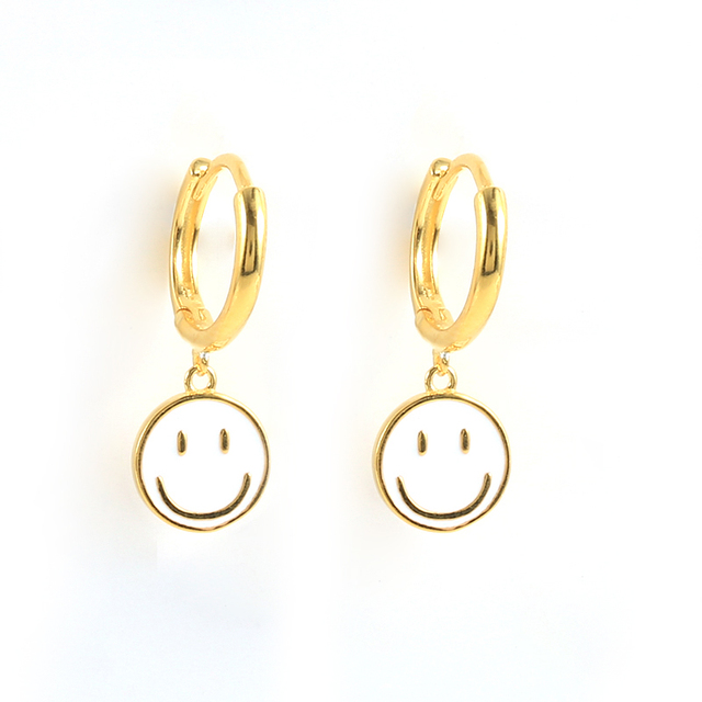 925 Sterling Silver Funny Smile Face Pendant Hoop Earrings For Women Colored Enamel Smiley Charm Circle Earrings Jewelry