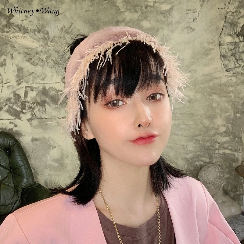 Розовый WHITNEY WANG, дизайнерский стиль, перья, пэтчворк, искусственный мех, повязка на голову, женский головной убор, лента для волос, обруч для волос - Цвет: Розовый