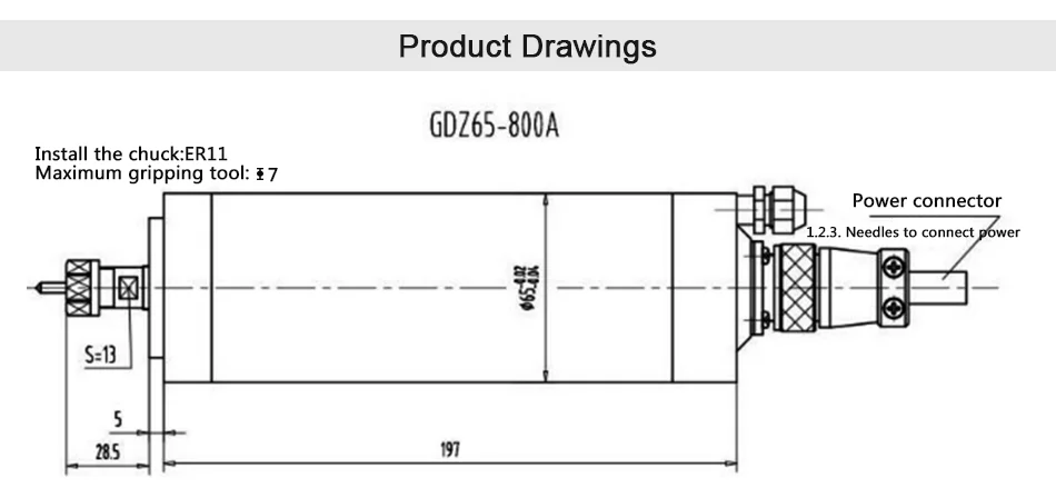 Водяное охлаждение шпинделя GDZ-65-800A 800W 220V 5A ER11 Длина 195 мм Dia.65mm