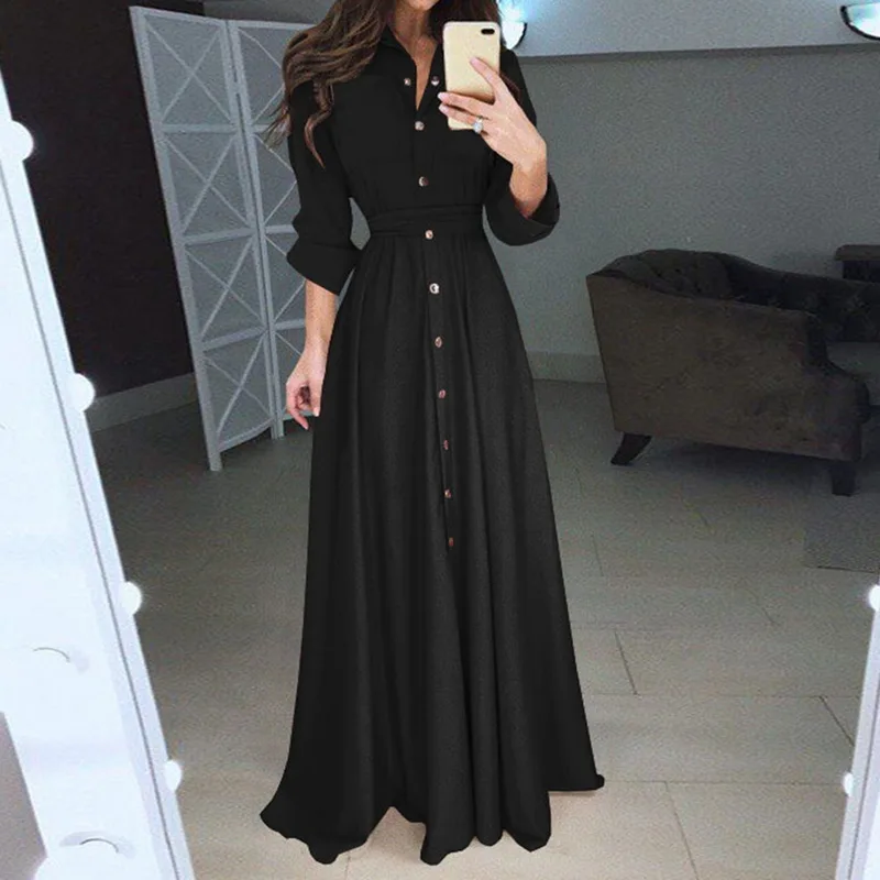 

Women Fashion High Waist Solid Color Button Long Shirt Dresses Ladies Elegant Long Sleeve Lace Up Slim Fit Maxi Dresses 2019 New