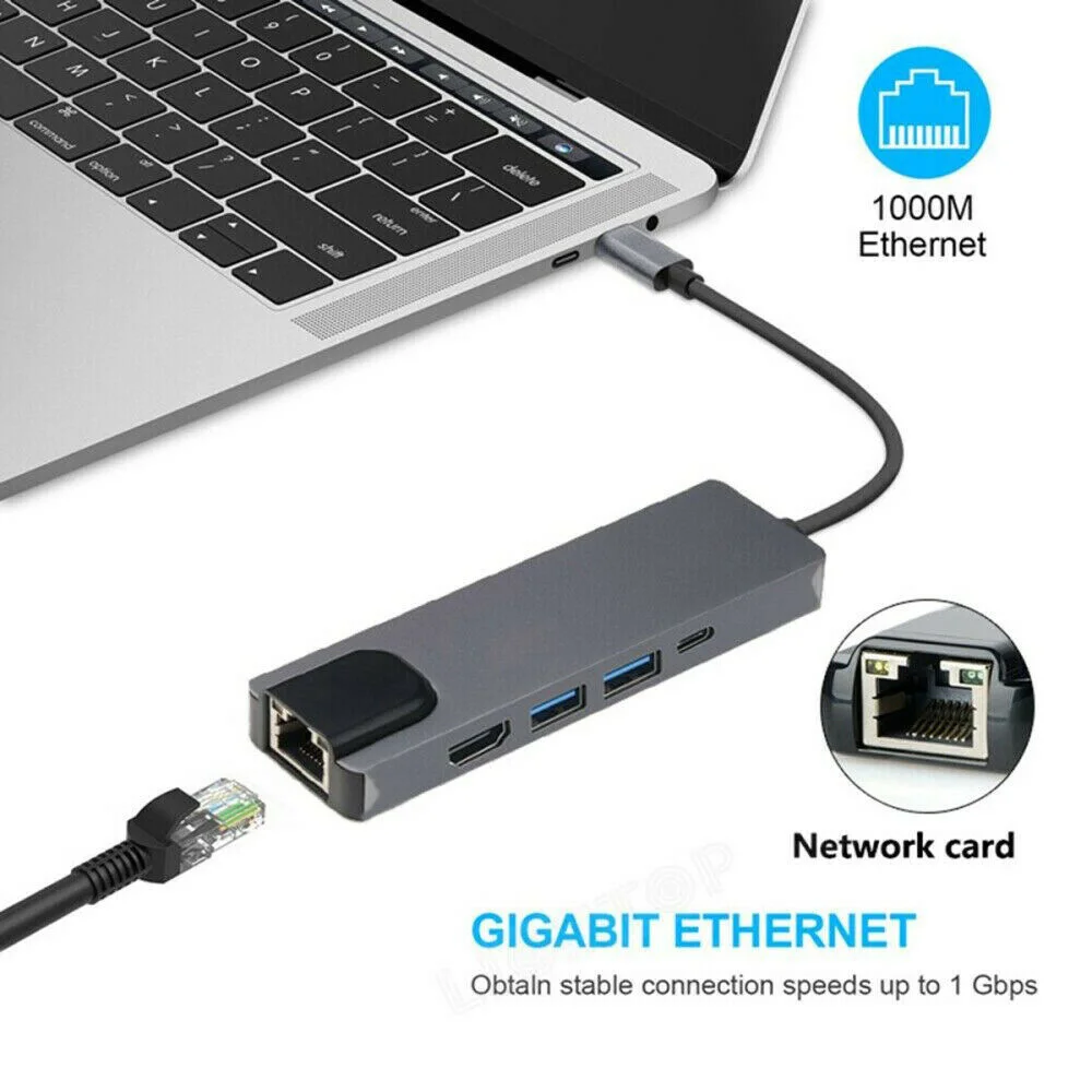 5 в 1 концентратор USB Type C Hdmi Rj45 Lan адаптер для Macbook Pro Thunderbolt 3, USB C к Gigabit Ethernet адаптер USB-C порт зарядного устройства