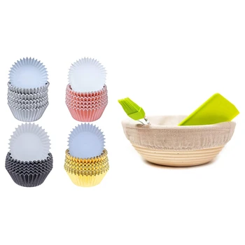 

400 Pcs Cupcake Liner Baking Cups Treat Cups & 1 Set 4 Pcs 9 Inch Bread Proofing Basket-Natural Rattan with Liner Cloth