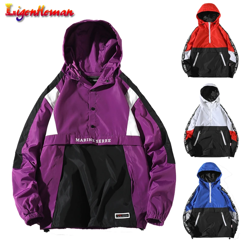 

Men Female Fashion Coat Autumn Winter Loose zipper Hip Hop Windbreaker Men Hooded Jackets Patchwork Color Block Pullover Jacket