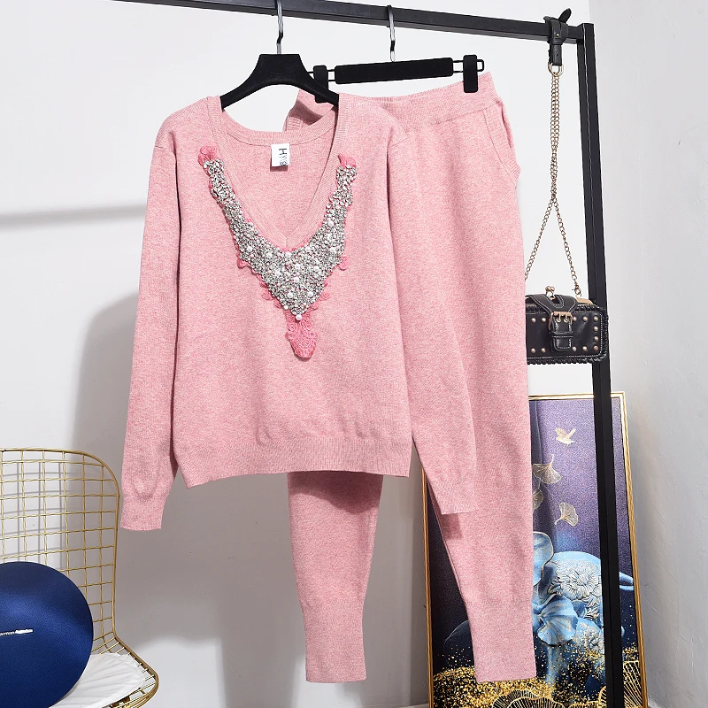 Fashion Sequins Knitted Tracksuit Women V-Neck Cardigan Trousers 2 Piece Set Female Loose Sports Knit Sweater Long Pants Outfits | Женская