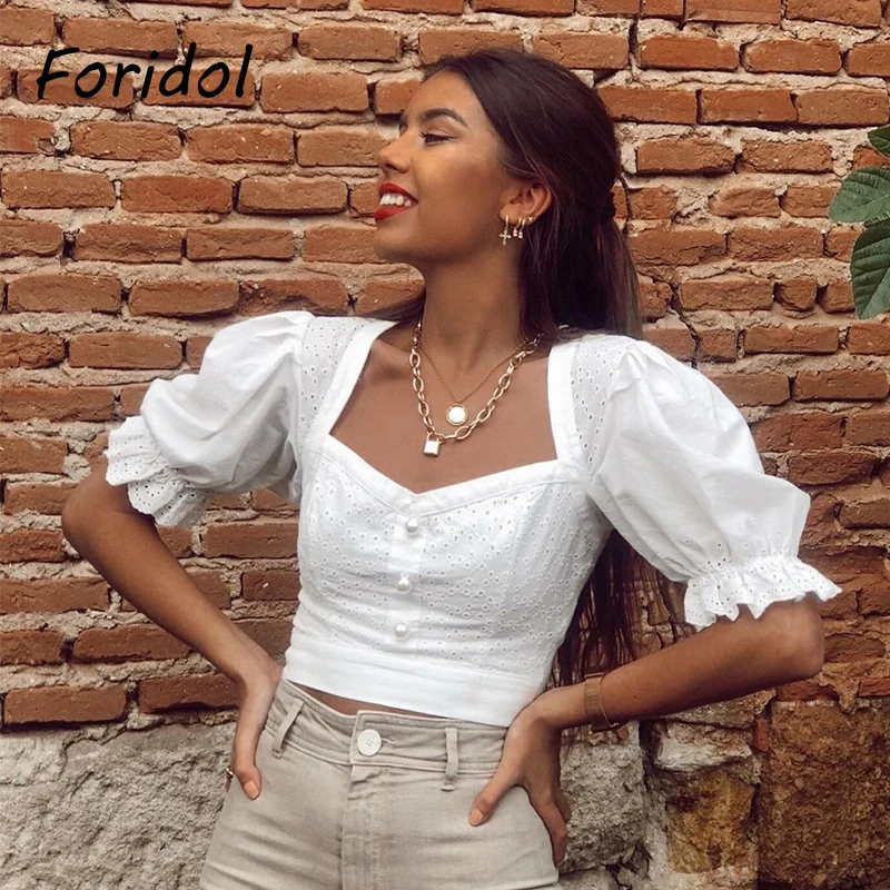 

Foridol pearl button puff sleeve women crop top and blouse 2020 vintage hollow out cotton white blouse shirt chic ruffle tops
