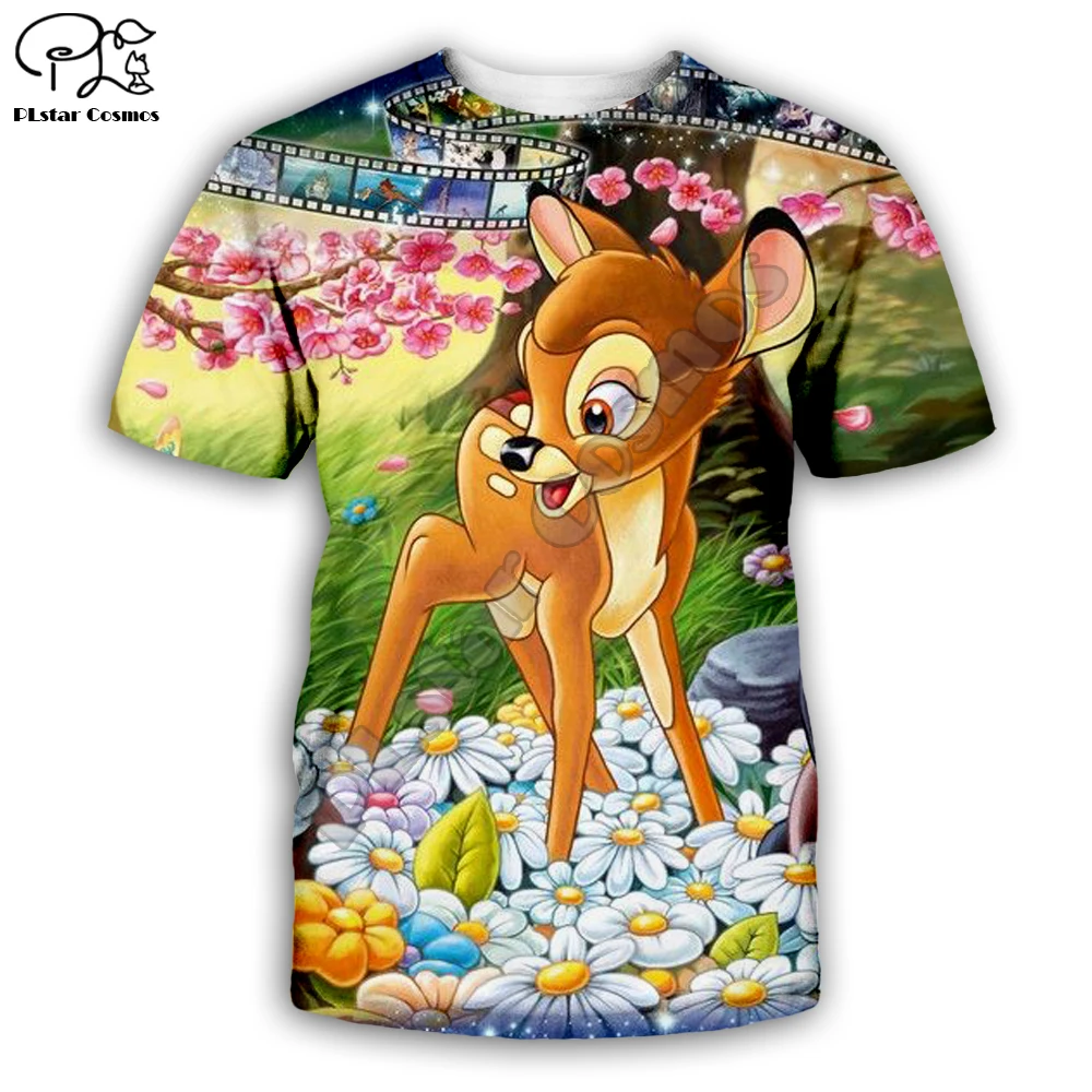 Bambi животных мультфильм олень стиль милые натуральные мужские и женские футболки забавный мультфильм 3d печать вырез лодочкой повседневные футболки Олень-002