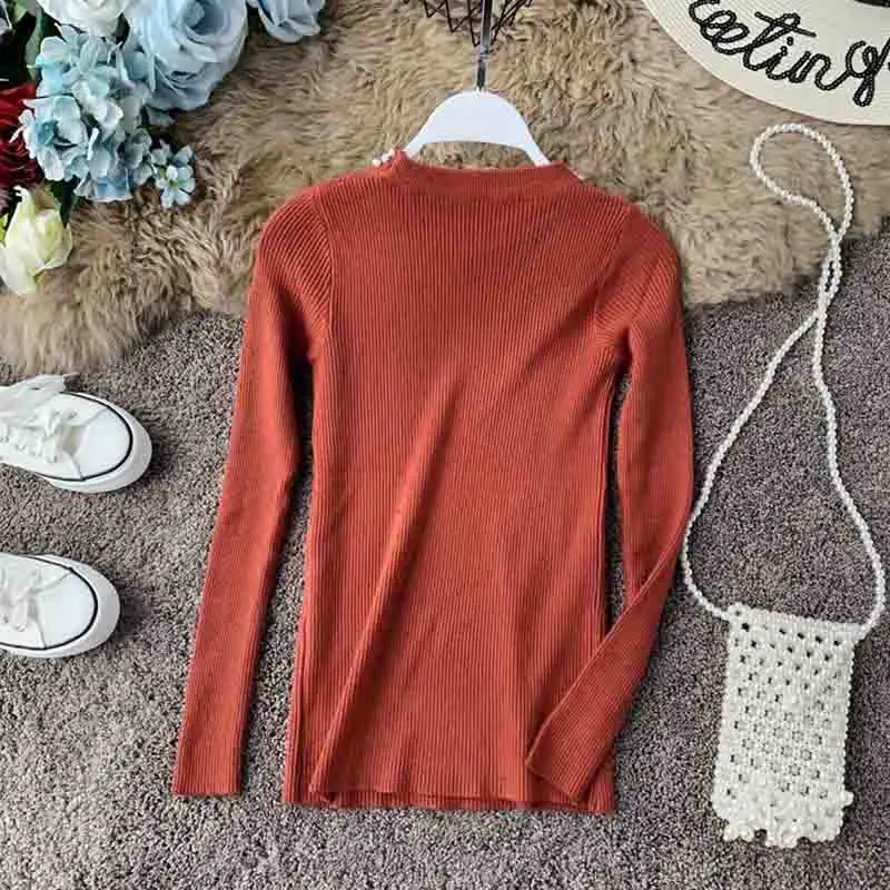 Online Women Sweater Autumn Winter Long sleeve O neck Beading knitted Sweater LADY Pullover High Elastic Slim Jumper Bottoming Tops