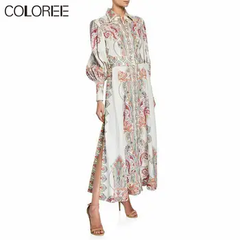 

High Quality Runway Designer Dress 2020 Autumn Women Vintage Single-breasted Long Sleeve Floral Printed Long Dress With Sashes