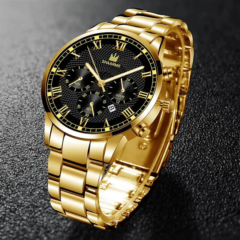 

SHAARMS Luxury Men Business Watch Roman Number Dial Stainless Steel Band Quartz Wristwatch Fashion Relogio Masculino Hombre