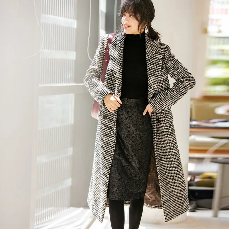 

AIGYPTOS 2019 autumn and winter new houndstooth Korean version of the waist was thin fashion wool woolen coat long coat