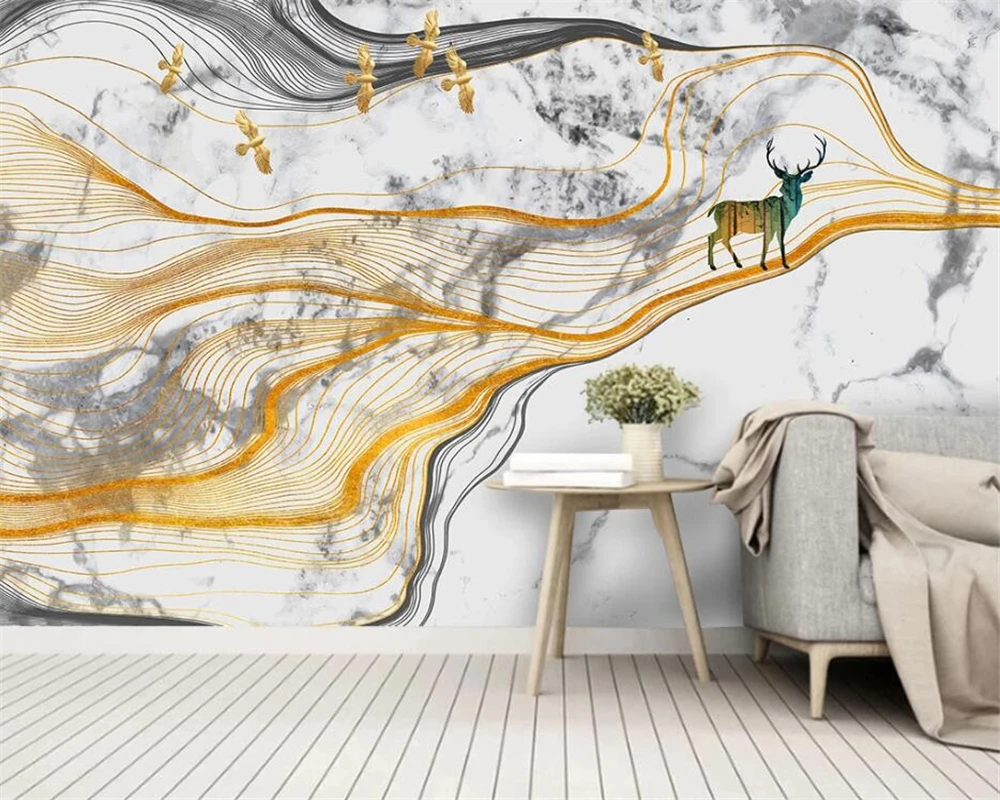 Beibehang Custom Wallpaper Marble Pattern Abstract Golden Line Mountains Flying Birds Deer Chinese Style Background Behang - Wallpapers - AliExpress