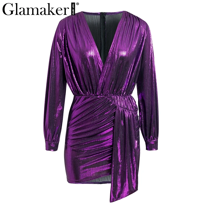 Фиолетовый Glamaker, атласный пояс, длинный рукав, сексуальное женское платье, плиссированные, короткие, вечерние, для клуба, мини-платье, женское, v-образный вырез, шикарное платье, осень, vestidos - Цвет: Фиолетовый