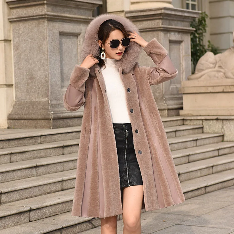 light purple Брендовый женский кожаный халат из овечьего меха, роскошное офисное женское Элегантное зимнее пальто - Цвет: light purple