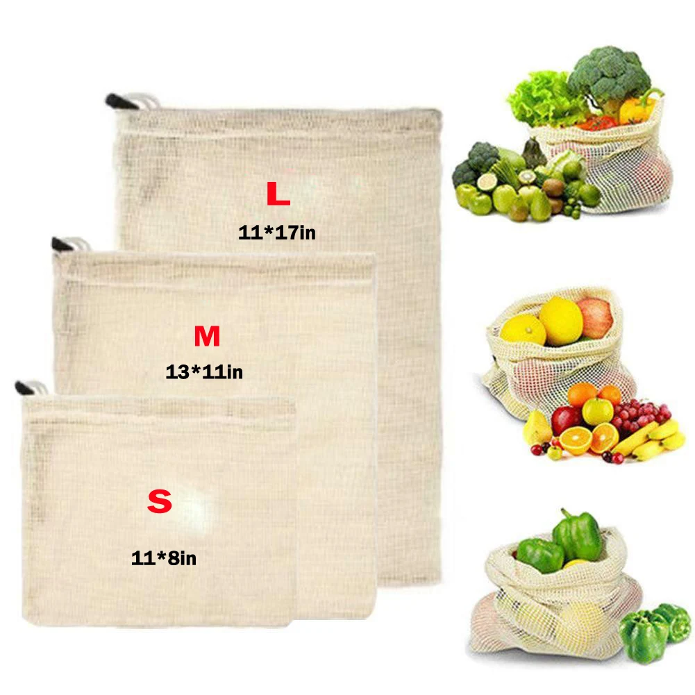 1 шт. производят многоразовые овощные сумки хлопковые, мешки сетчатые мешки на шнурке для домашней кухни для хранения фруктов и овощей Экологическая сумка