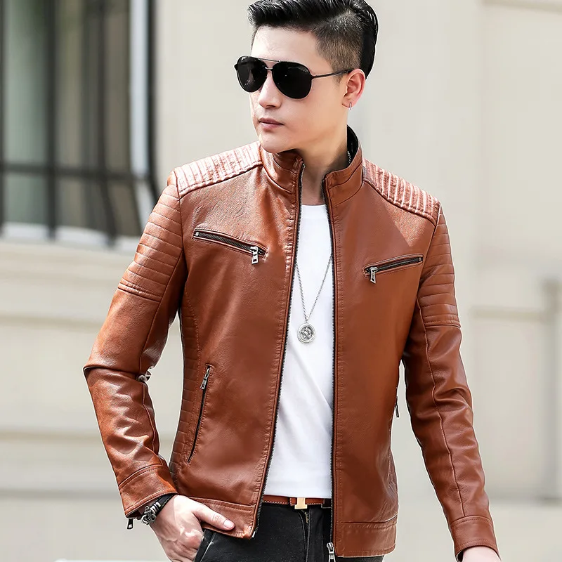 Men's PU Leather Autumn Casual Men'S Wear Stand Collar Slim Fit Biker Leather Jacket Coat Men's Korean-style Youth Fashion