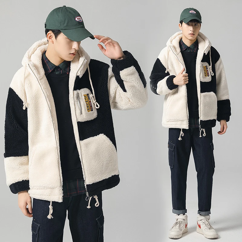 2019 winter new men's fashion lamb fur hooded coat men's stitching label warm casual jacket men's l