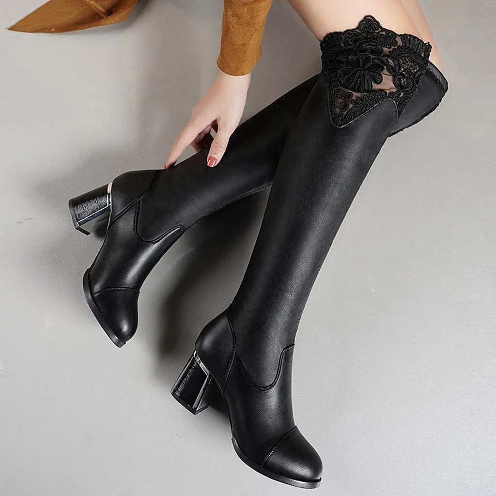 SAGACE shoes Women Embroidered Lace Knee Bare Boots Square High Heel Casual Long Tube sexy fashion new boots-women 2019NOV1