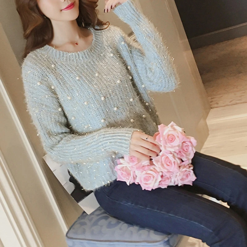 Preise Perlen pullover Mohair Kawaii Frau Winter plüsch Kaschmir Niedlich Herbst Plus Größe Samt Lose Koreanische jumper Helle Seide