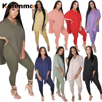

Women Sports Two Piece Set V-neck Split T-shirt Leggings Pants Jogger Sweatpants Suit Tracksuit Matching Set Outfits KALENMOS