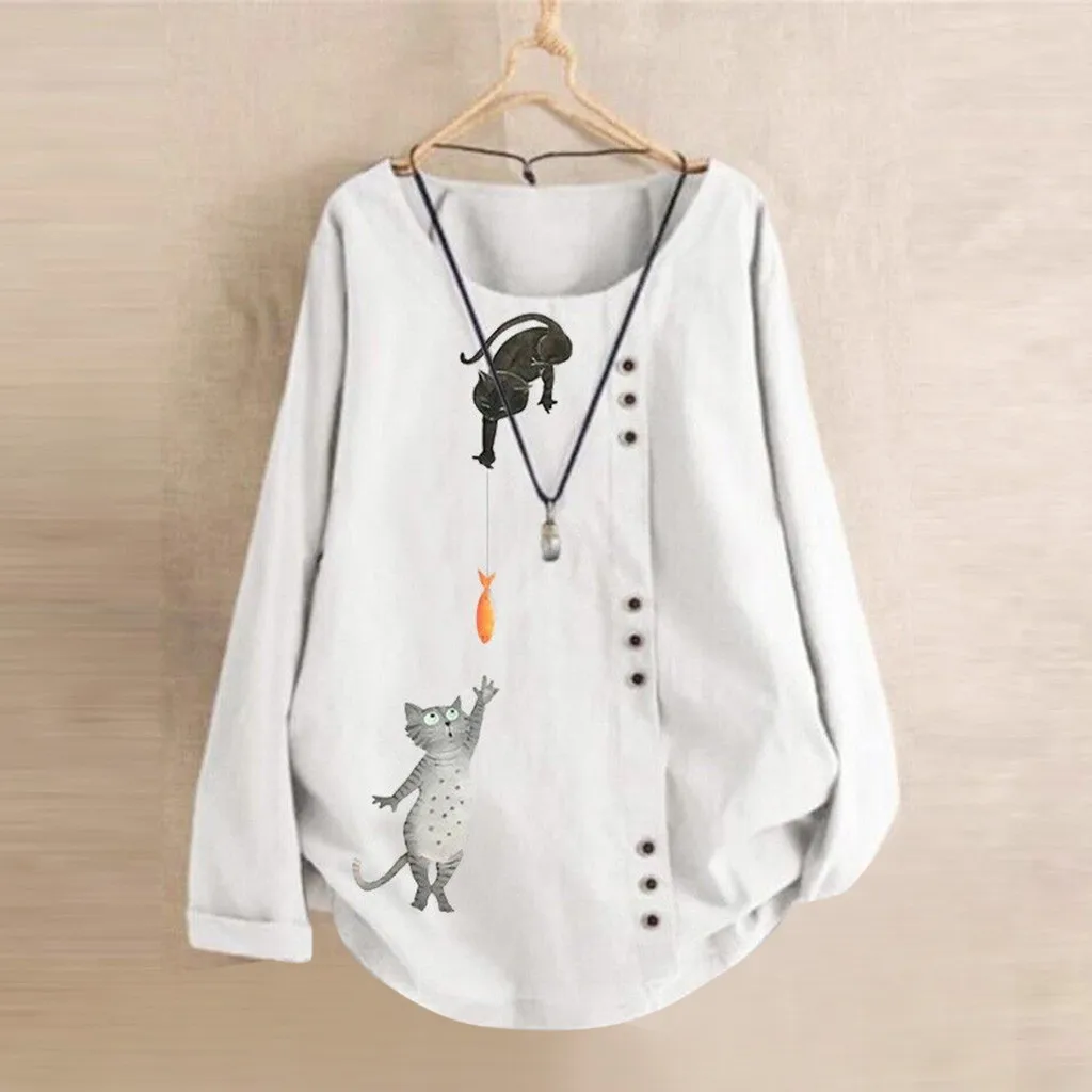Blusas mujer de moda размера плюс женская хлопковая Льняная блуза с длинными рукавами и круглым вырезом с цветочным принтом