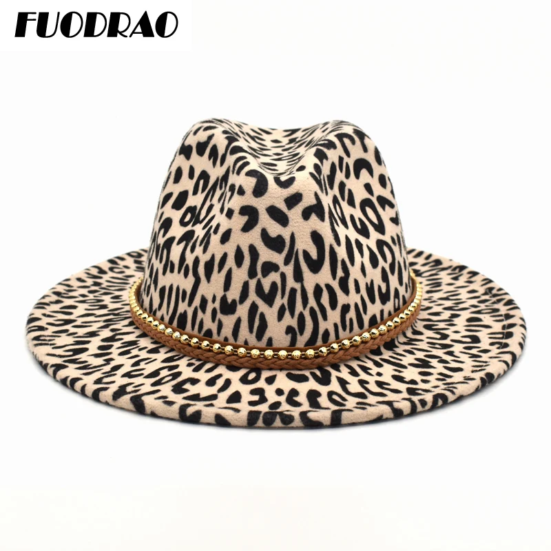

FUODRAO New Fashion Fedora Hat Women Leopard Print Wide Brim Panama Top Jazz Hats Woolen Men Vintage Gentleman Elegant F37