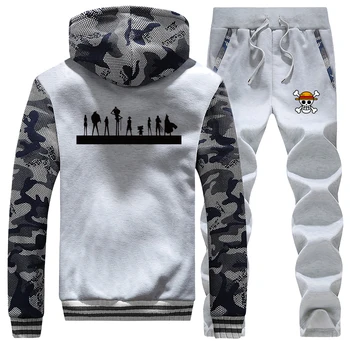 

One Piece Camo Hoodies Hip Hop Men Sweatshirt Mens Thick Warm Suit Male Japanese Streetwear Winter Jacket+Pants 2 Piece Sets