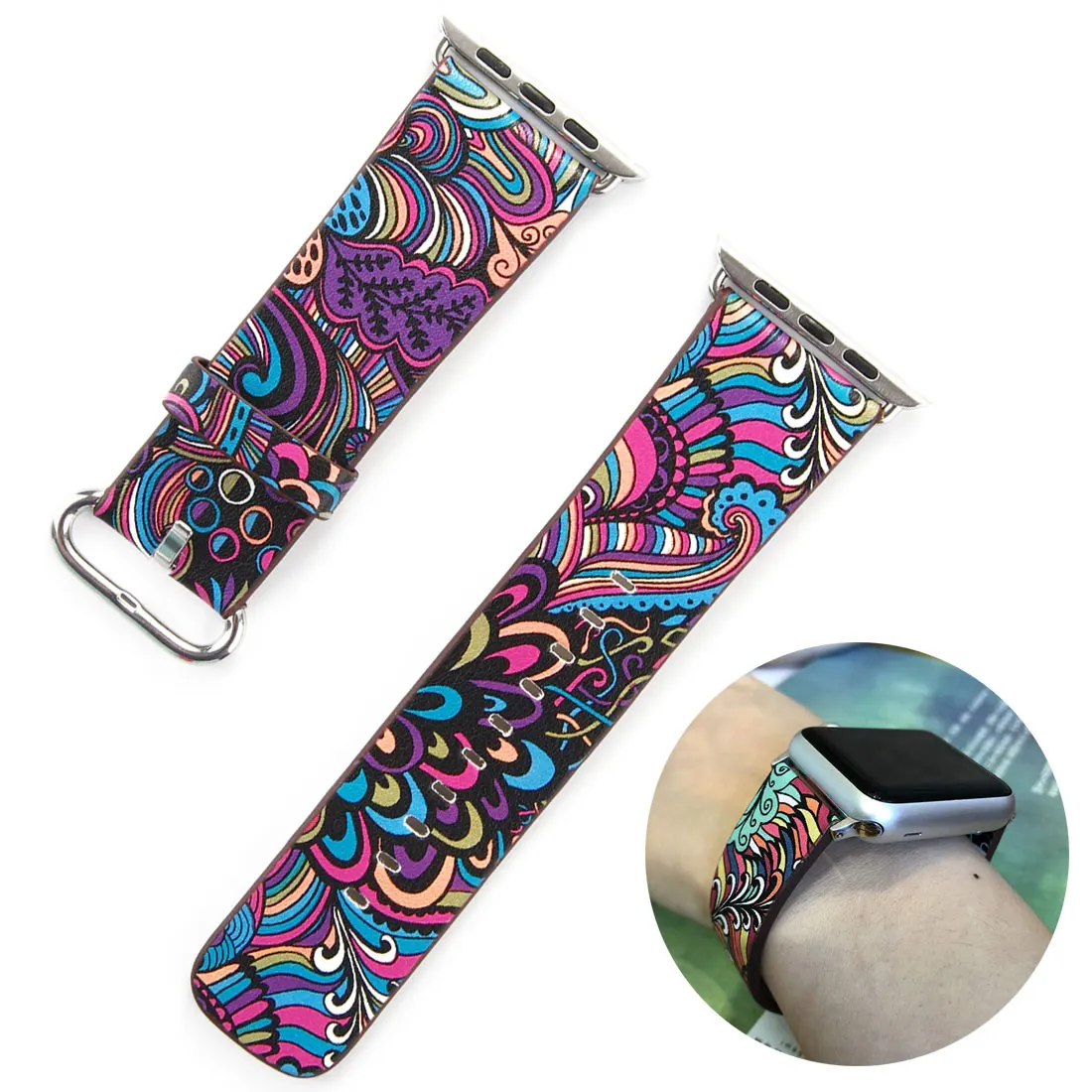 

42/38mm Leather Strap Watch Band for Apple Watch Band Series 1/2/3/4 Flower Strap Floral Prints Wrist Watch Bracelet