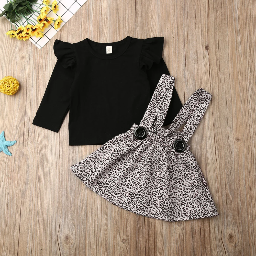 Новое Детское платье для маленьких девочек с длинным рукавом черная футболка Топ Пояс для чулок "Леопард", юбка, комплект из 2 предметов, для девочек Костюмы набор
