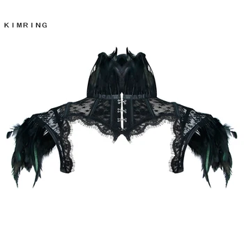 

Kimring Victorian Gothic Black Feather High Neck Cape Sheer Floral Mesh Corset Shrug