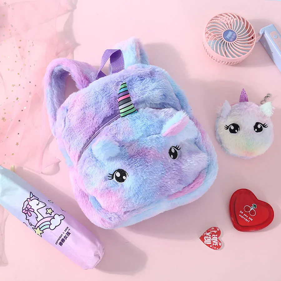 Студенческий маленький плюшевый школьный рюкзак из мультфильма, мини-игрушка на цветной молнии, кукольный рюкзак, Детский рюкзак с радужным мехом единорога, рюкзак в детский сад
