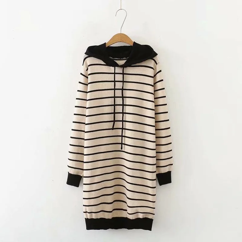 Plus Size XL-3XL Women's Knitted Dress Casual Hooded Striped Mini Dresses Autumn Pullover