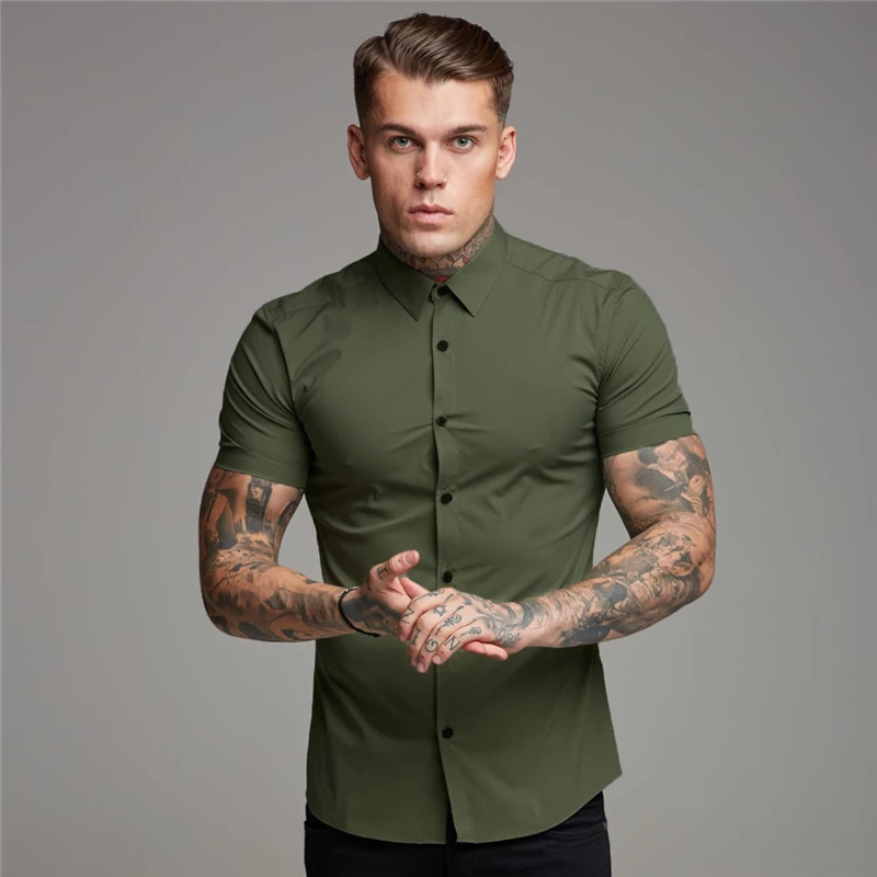 Camisas de moda de verano para hombre, camisas de manga corta ajustadas con botones, de secado rápido, informales, para vestir, blusa deportiva