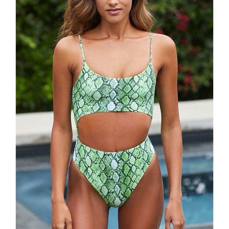 Сексуальный женский купальник со змеиным принтом Цельный 2020 монокини черный