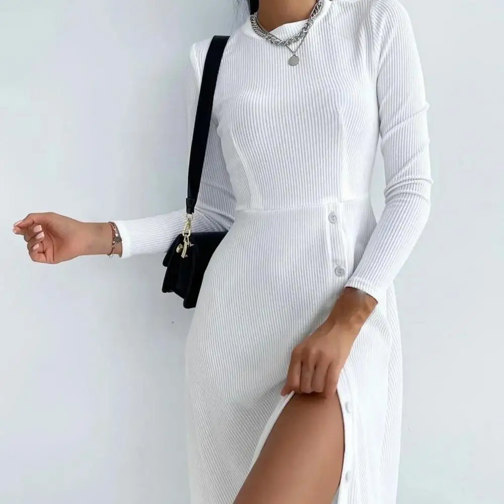 dress for new year 2022 O-Neck Long Sleeve Bodycon Dress Bottoming Ribbed Side Split Lady Knitted Streetwear платье | Женская