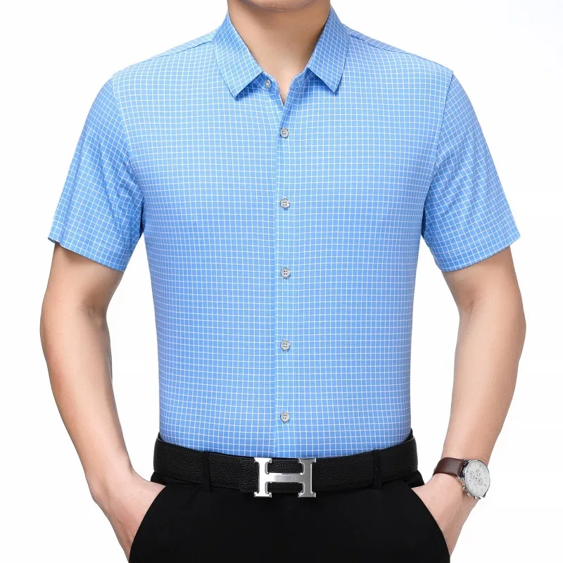 

Popular Brand Genuine Product Short-sleeved Shirt Men Summer New Style Casual No Ironing Lattice Half Sleeve Mulberry Silk Middl